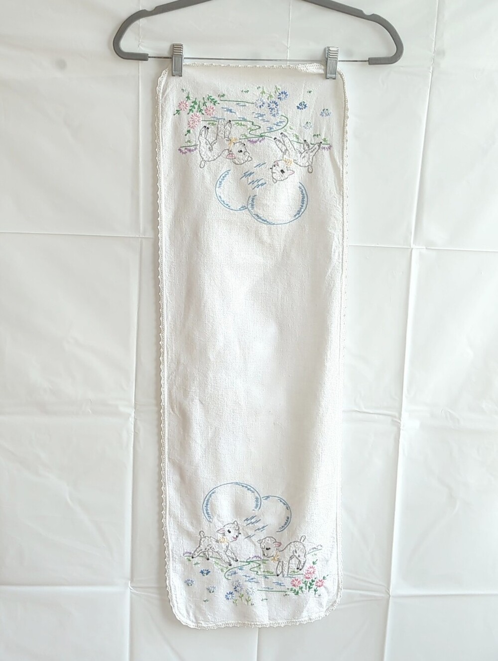 Vintage Homemade Table Runner w Embroidered Lambs & Flowers 38"x12.5"